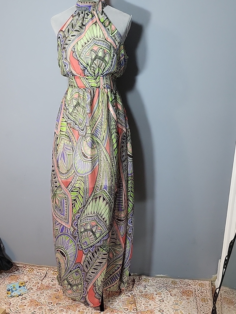Ark & Co Size S Halter Maxi Dress in Green, Purple, Coral and Black Print